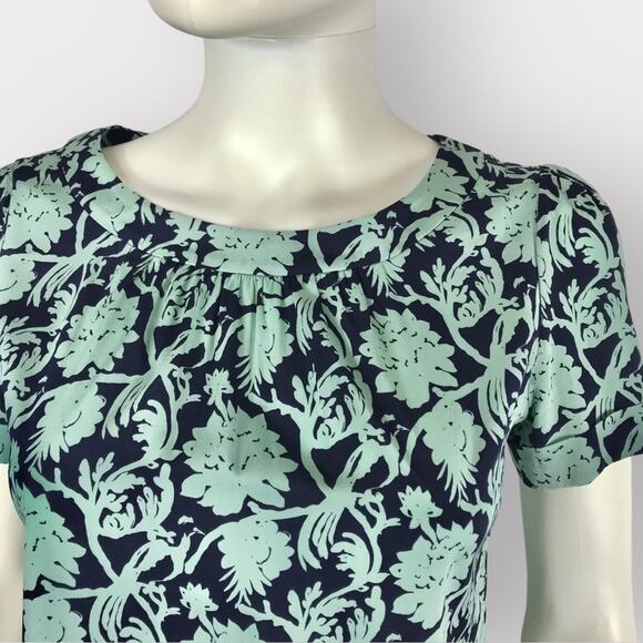 Tory Burch Floral Silk Blouse Navy Blue & Teal Silk Short Sleeves - Picture 2 of 6